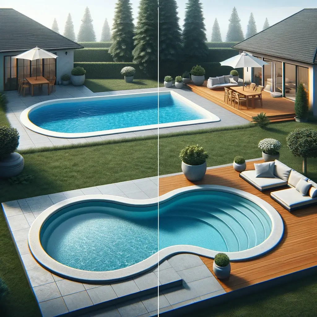 DALL·E 2023-11-14 18.34.45 - Two realistic and simple fiberglass pools in a backyard setting. The first pool is a small, rectangular fiberglass pool, showcasing a basic and afford